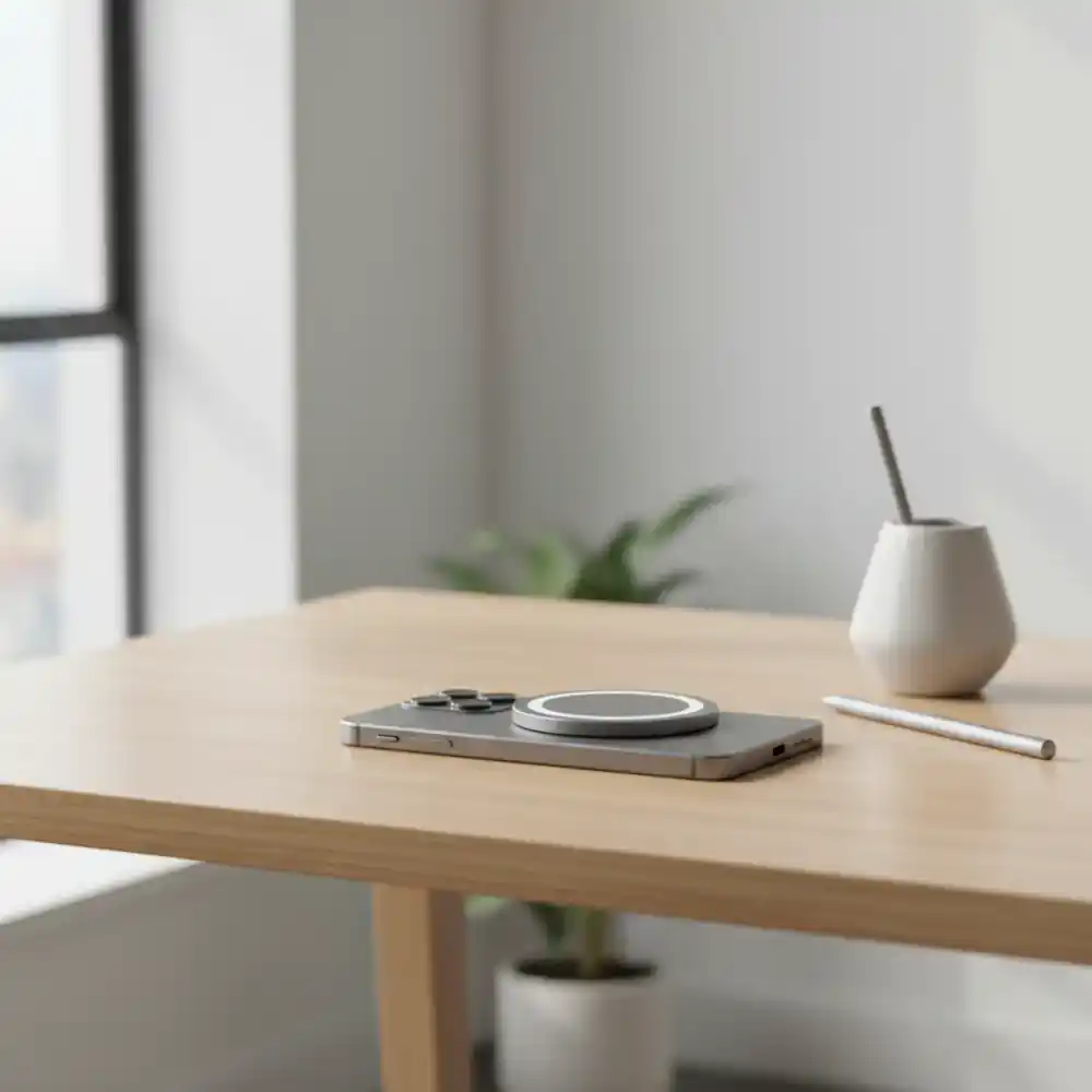 Smartphone con batería magnética en escritorio minimalista