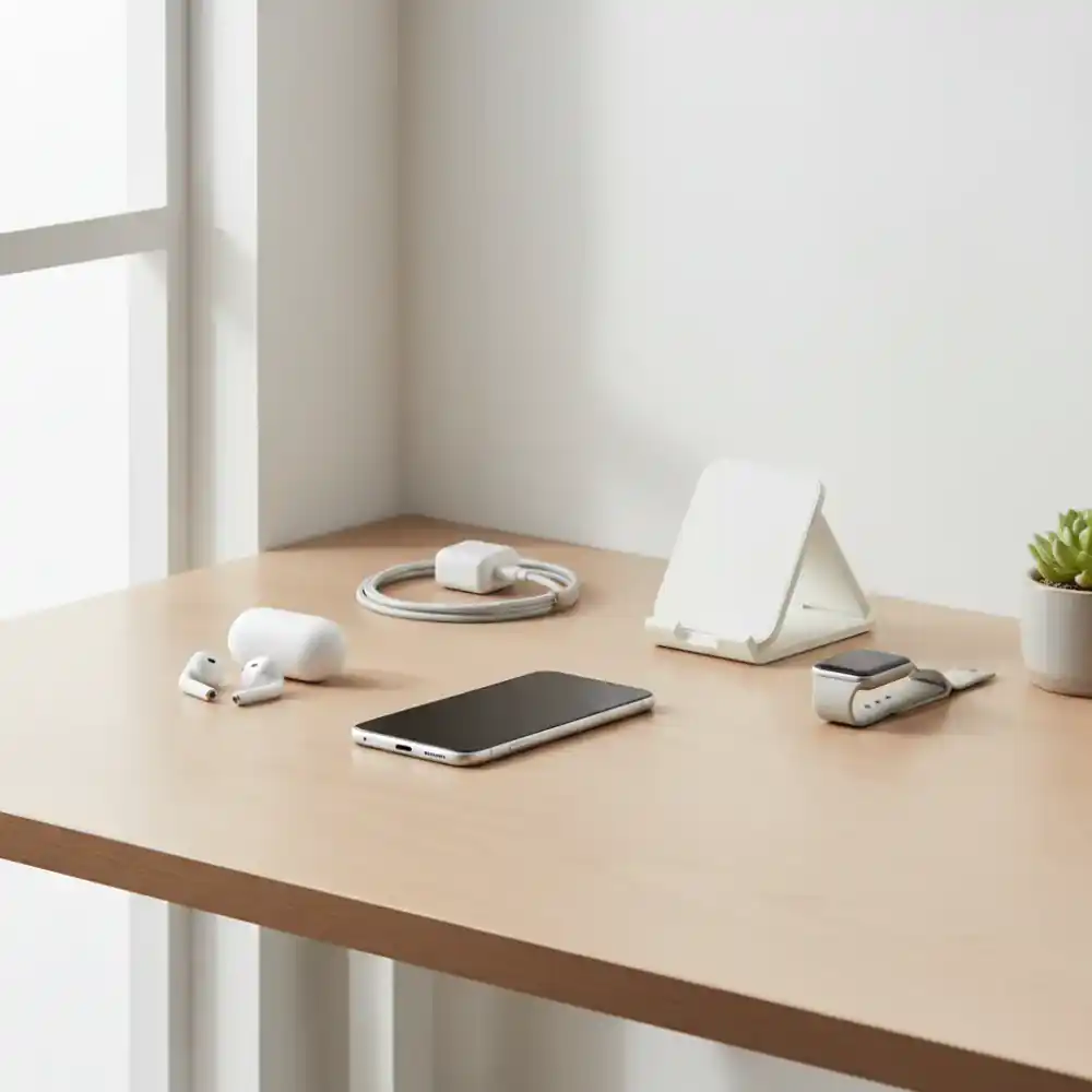 Smartphone con accesorios en un escritorio minimalista